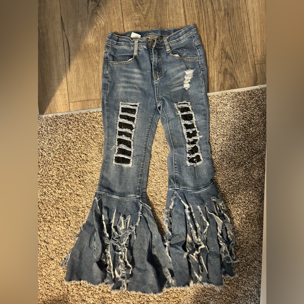 GIRLS GLITTER DISTRESSED FLARE LEG JEANS  COWGIRL SIZE 10